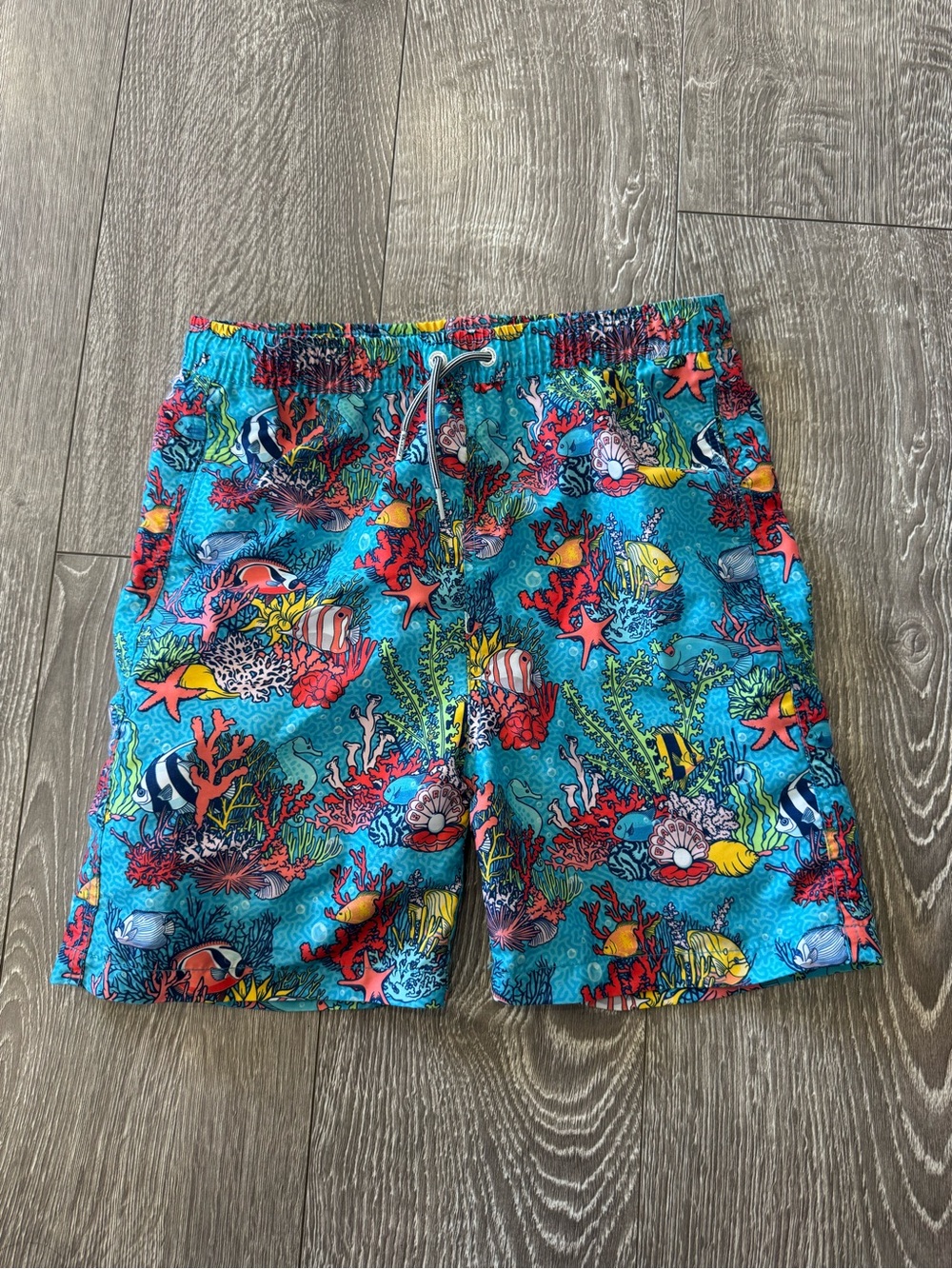 Kids Turquoise Ocean Reef Printed Swim Trunks with Drawstring
